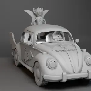 Bat Fink and Karate 2 Figure Set with VW Bug Car 3D Printed 1:32 Scale Cartoon